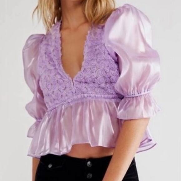 Free People Tops - Free People Faye Blouse Dramatic Lilac Pullover Sheer Applique Floral  L Fairy